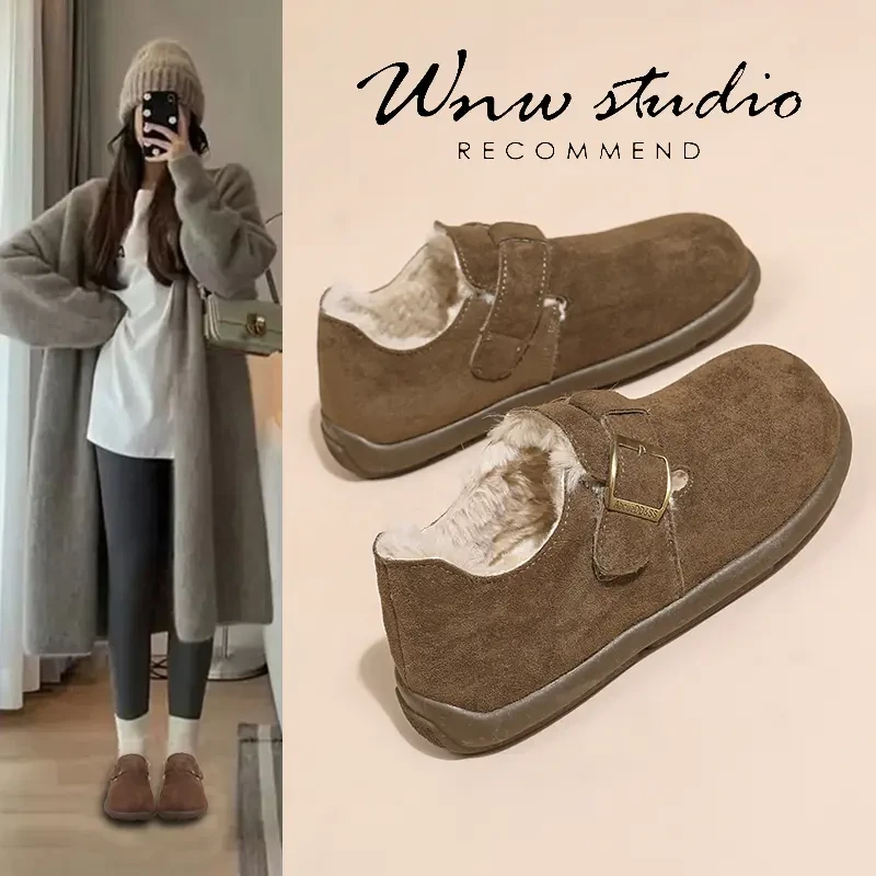 勃肯鞋女加绒豆豆鞋2024新款秋冬季一脚蹬毛毛鞋平底软底博肯棉鞋