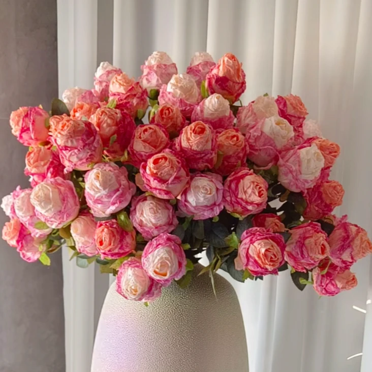 【落日玫瑰】油画色假花仿真花摆设焦边火烤玫瑰卷边客厅餐桌摆花