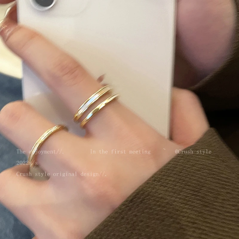 铜合金戒指 金色贝壳锆石素圈戒指女轻奢高级感食指戒冷淡风指环