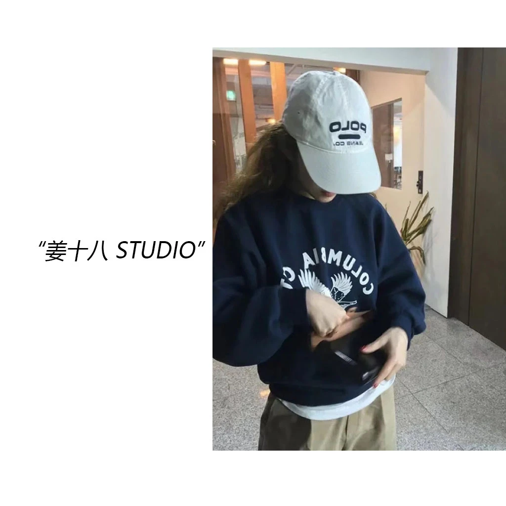 姜十八- 「展翅飞翔」韩国单！慵懒风老鹰印花加绒一体绒卫衣