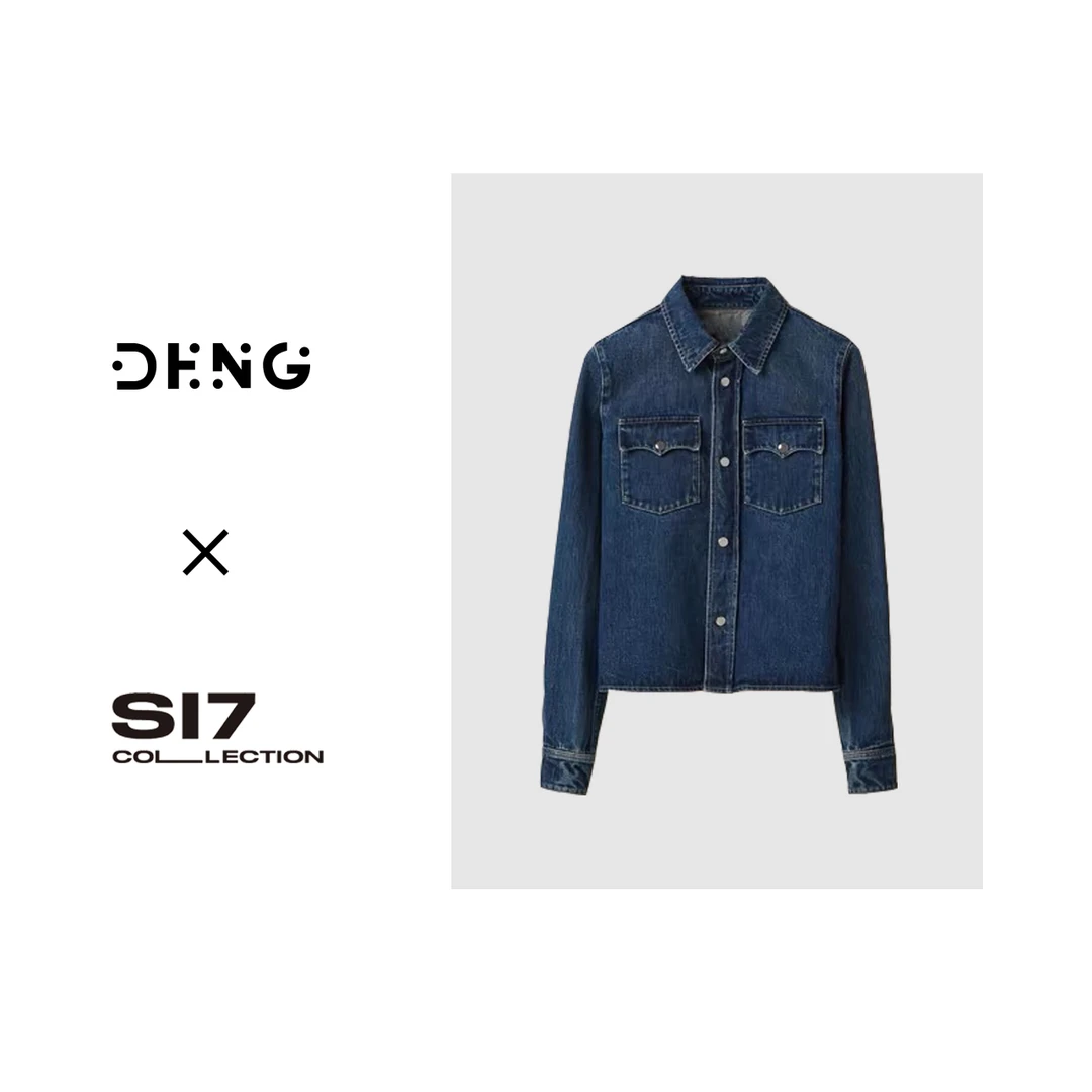 Carol奢牌同源复古深蓝色双口袋翻领直角肩牛仔衬衫外套NZS017