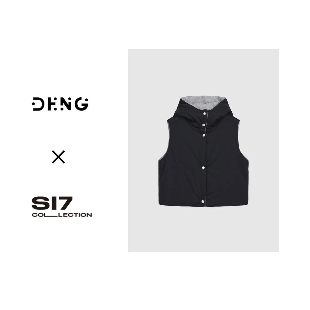 DENG 极简双面可穿夹棉微阔型马甲叠穿外搭连帽棉坎肩XCGZ241009