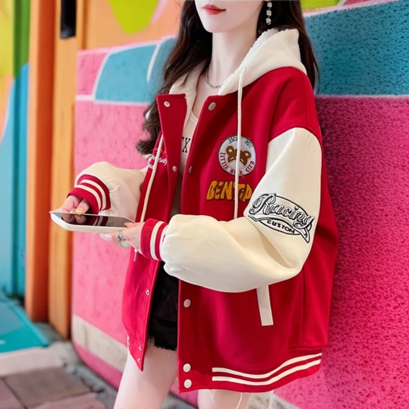 高级感棒球服外套女秋冬季加绒加厚卫衣2025新款初中学生大童棉服