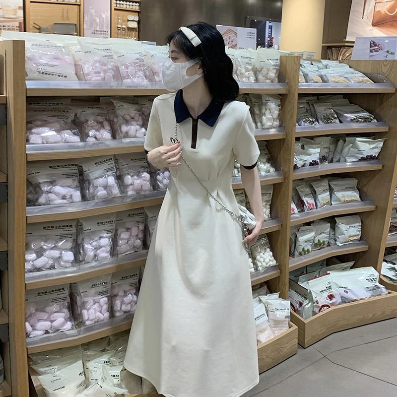 收腰Polo领短袖连衣裙少女2025夏季新款初高中学生减龄拼接仙女裙