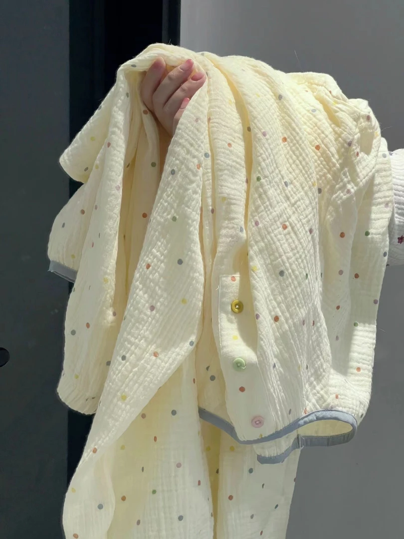 甜美少女简约撞色波点印花长袖长裤睡衣女春秋宽松可外穿家居服
