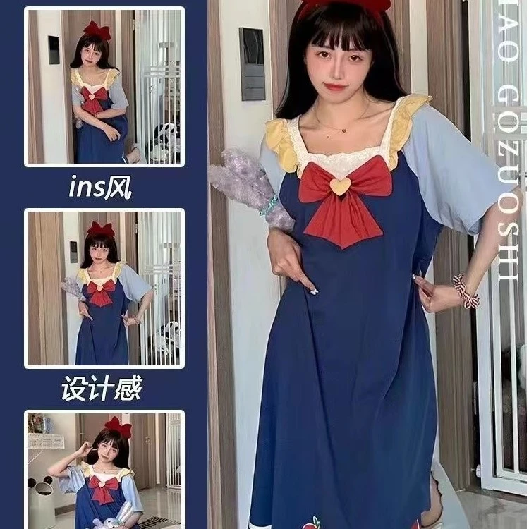 网红爆款白雪公主短袖睡裙女夏季少女甜美可爱蝴蝶结可外穿睡裙