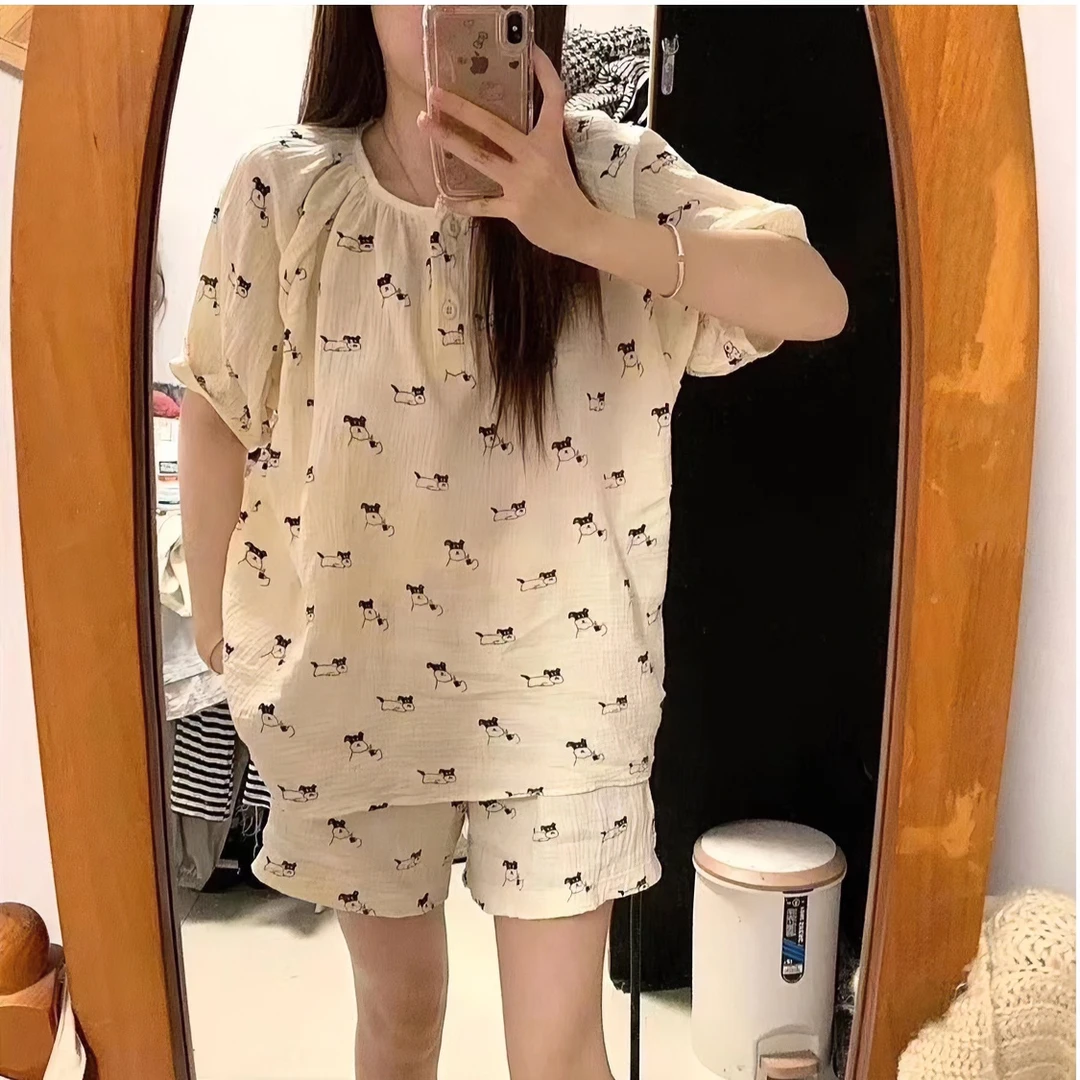 甜美少女可爱卡通ins圆领薄款睡衣女夏季网红宽松短袖短裤家居服