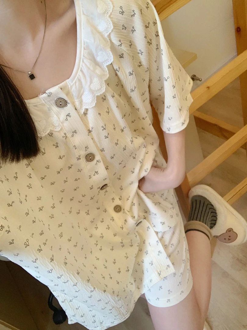 甜美少女碎花公主风睡衣女夏季韩版ins风学生宽松短袖短裤家居服