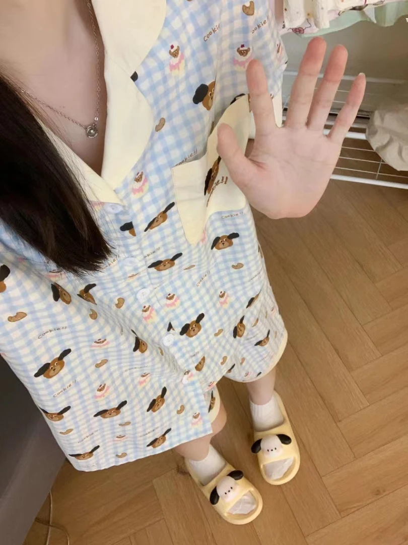 甜美可爱卡通格子小狗印花睡衣女夏季少女学生短袖短裤家居服套装