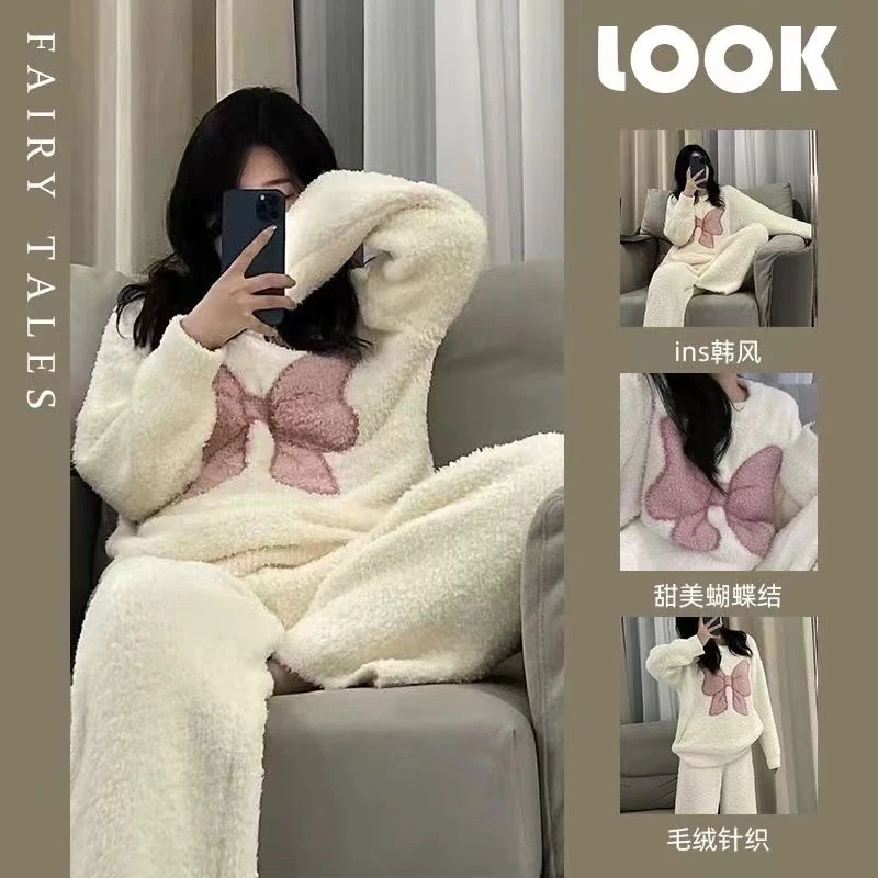 少女甜美可爱蝴蝶结珊瑚绒加绒睡衣女秋冬韩版ins宽松保暖家居服