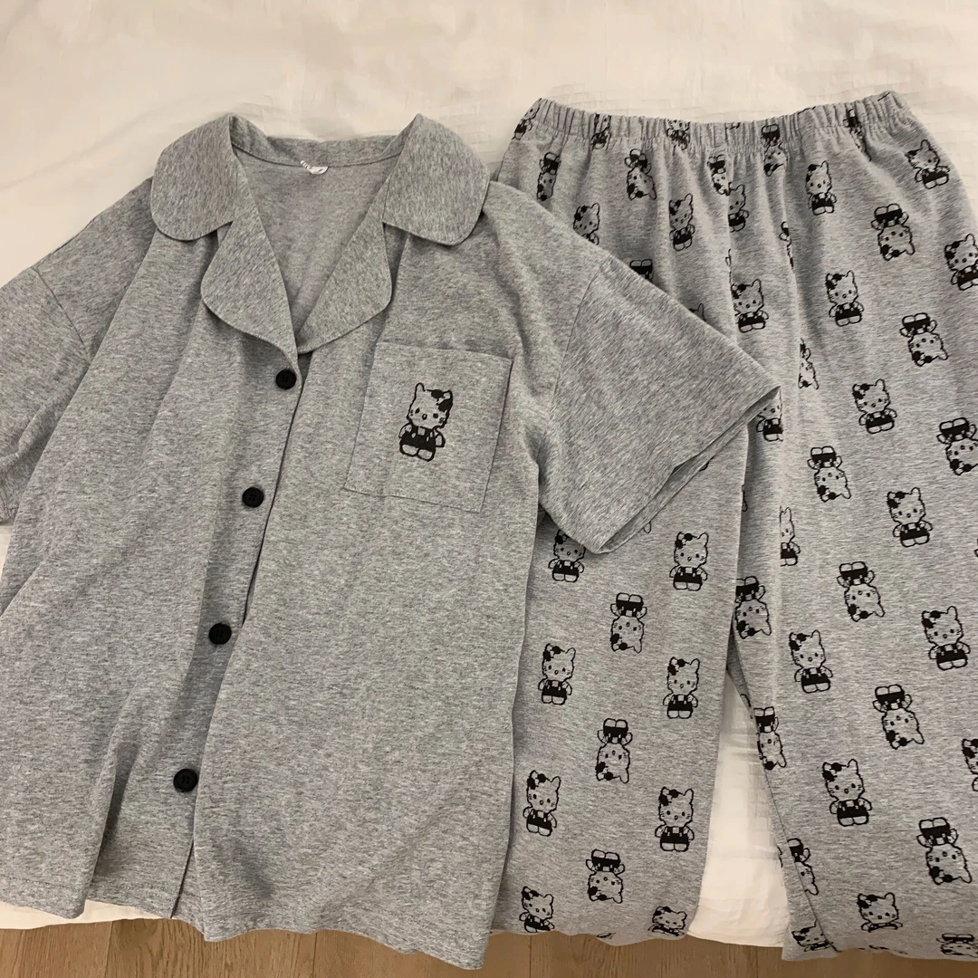 少女甜美可爱卡通kt猫睡衣女夏季新款韩版ins网红短袖长裤家居服