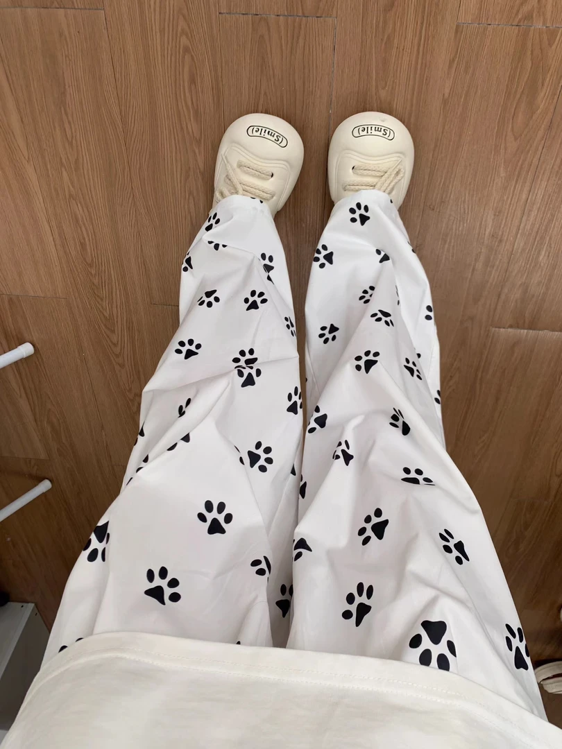 韩版ins甜美可爱卡通狗狗脚印睡衣女春夏宽松大码睡裤居家可外穿