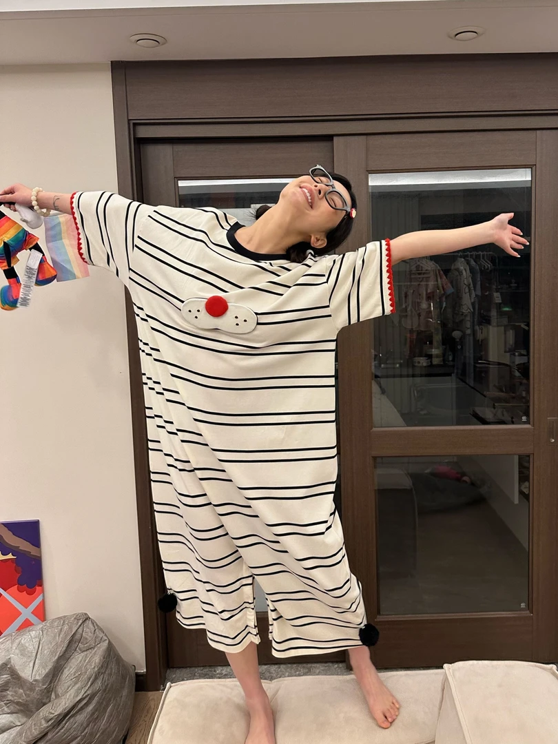 甜美可爱少女条纹酷猫连体睡衣女夏季韩版ins风短袖睡裙家居服