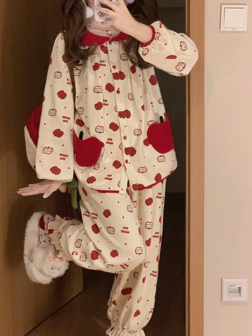 少女甜美可爱娃娃领公主风睡衣女春秋韩版ins风长袖长裤家居服