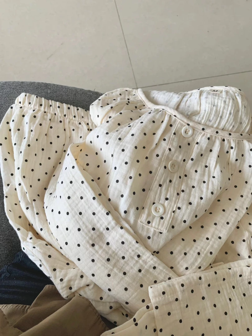 少女甜美简约撞色波点睡衣女春秋温柔小香风圆领长袖长裤家居服