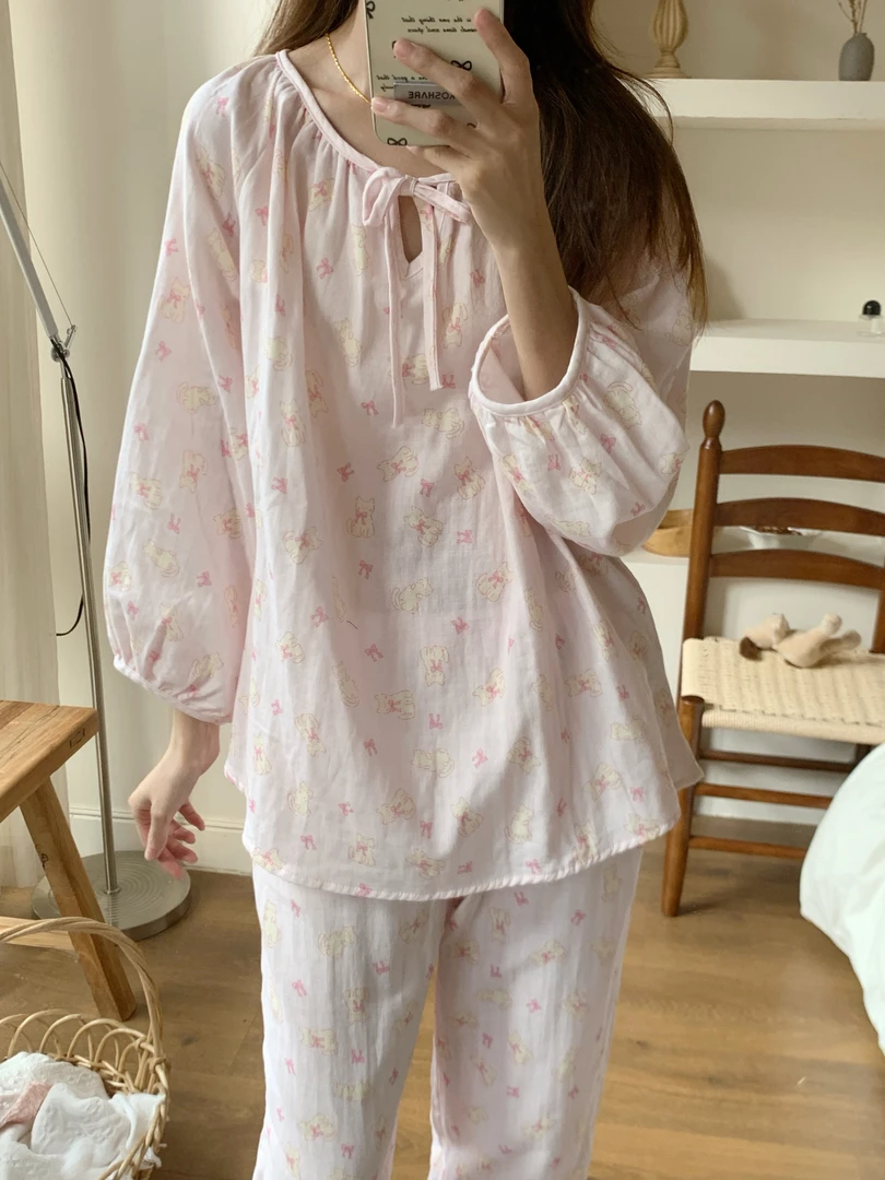 ins少女甜美可爱设计感蝴蝶结睡衣女春秋宽松长袖长裤家居服
