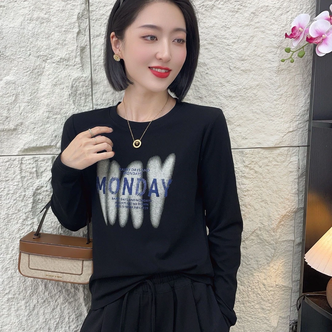 2024 字母印花长袖t恤秋修身圆领显瘦上衣漂亮打底衫别致小衫6606