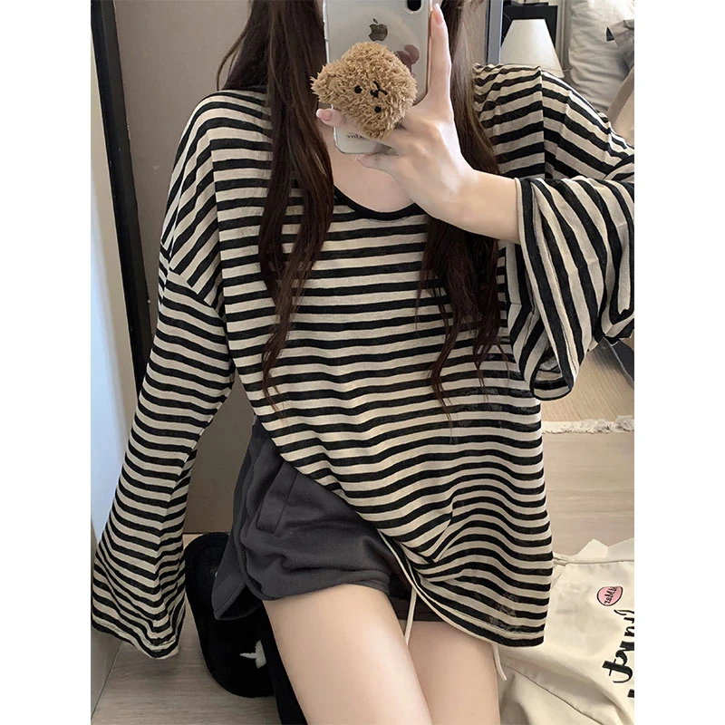 慵懒风复古条纹撞色V领T恤女装早秋季宽松休闲中长款显瘦长袖上衣