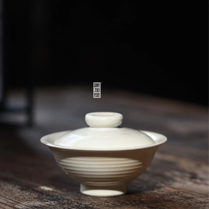 谢加阔柴烧玉白小小乔盖碗纯手工拉胚自然落灰