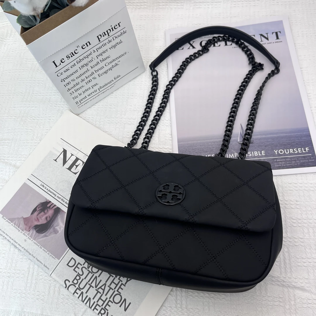 99新 TORY BURCH/汤丽柏琦 Willa全黑中号方胖子单肩包 053黑武士