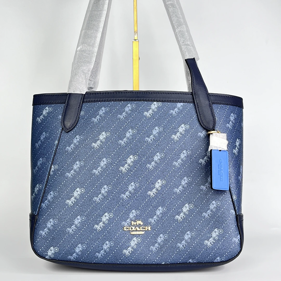 99新 COACH/蔻驰 马车印花托特包 深蓝色小号 PVC拼皮 111经典