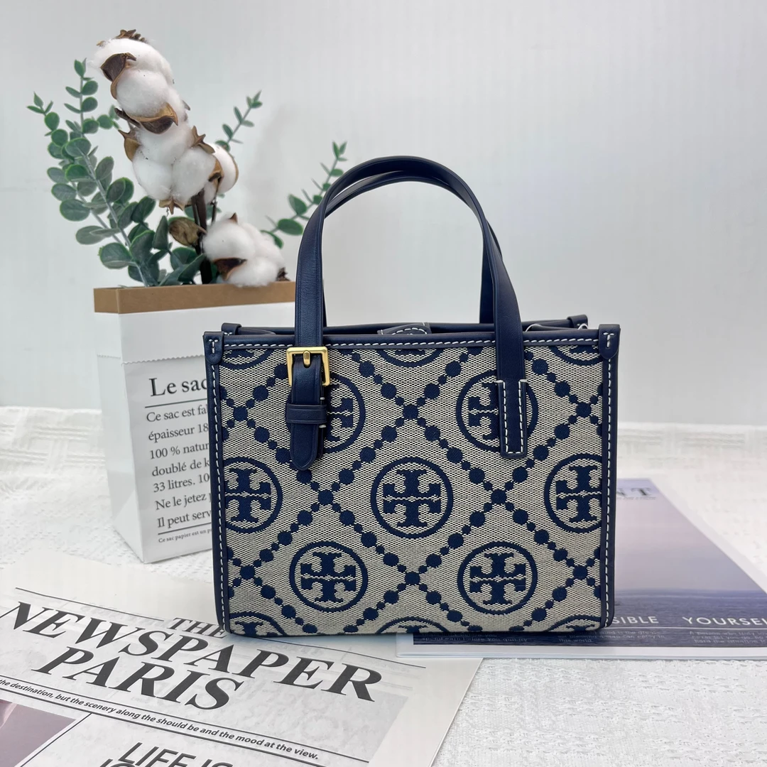 99新 TORY BURCH/汤丽柏琦 TMonogram迷你托特包蓝色老花 048经典