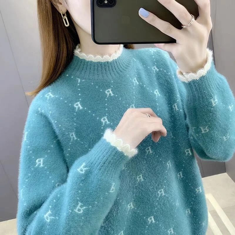 仿貂绒毛衣女2024年新款设计感洋气针织衫女士秋冬内搭半高领打底