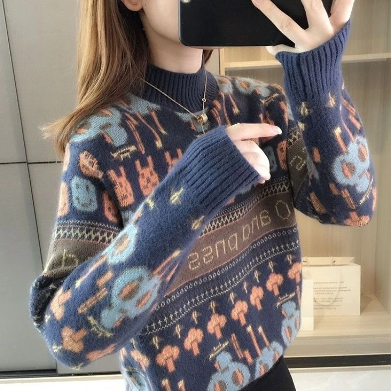 毛衣女秋冬半高领毛衫女秋冬宽松洋气针织衫内搭加厚慵懒风打底潮