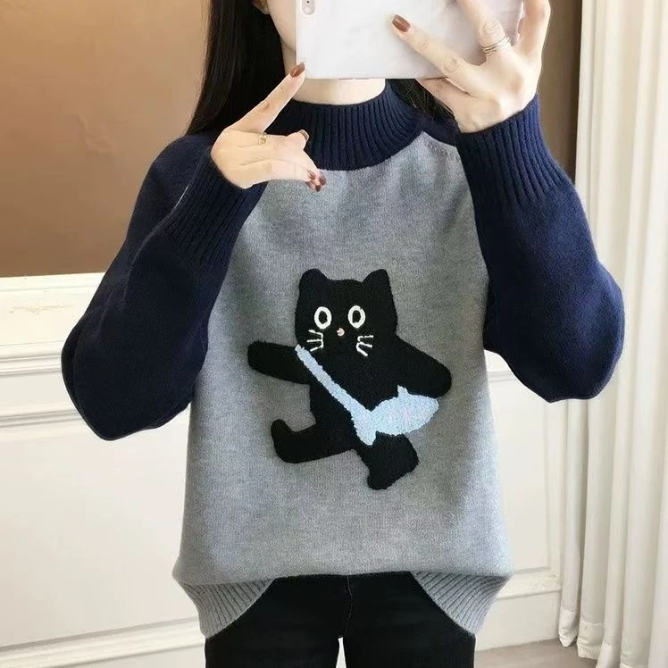 秋冬百搭女装针织衫圆领卡通猫猫毛巾绣高级感韩系套头针织衫毛衣