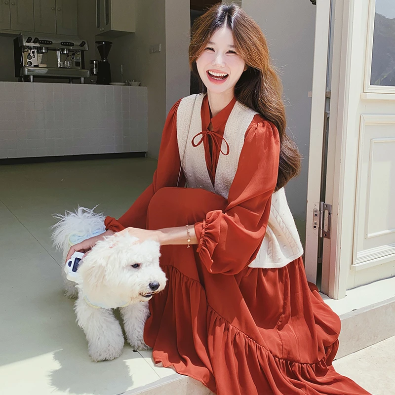落日橘马甲衬衫长裙套装女2024秋季新款氛围感气质减龄宽松连衣裙