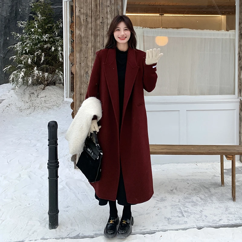 酒红色复古显瘦气质高级感羊毛双面呢大衣女冬新款长过膝毛呢外套