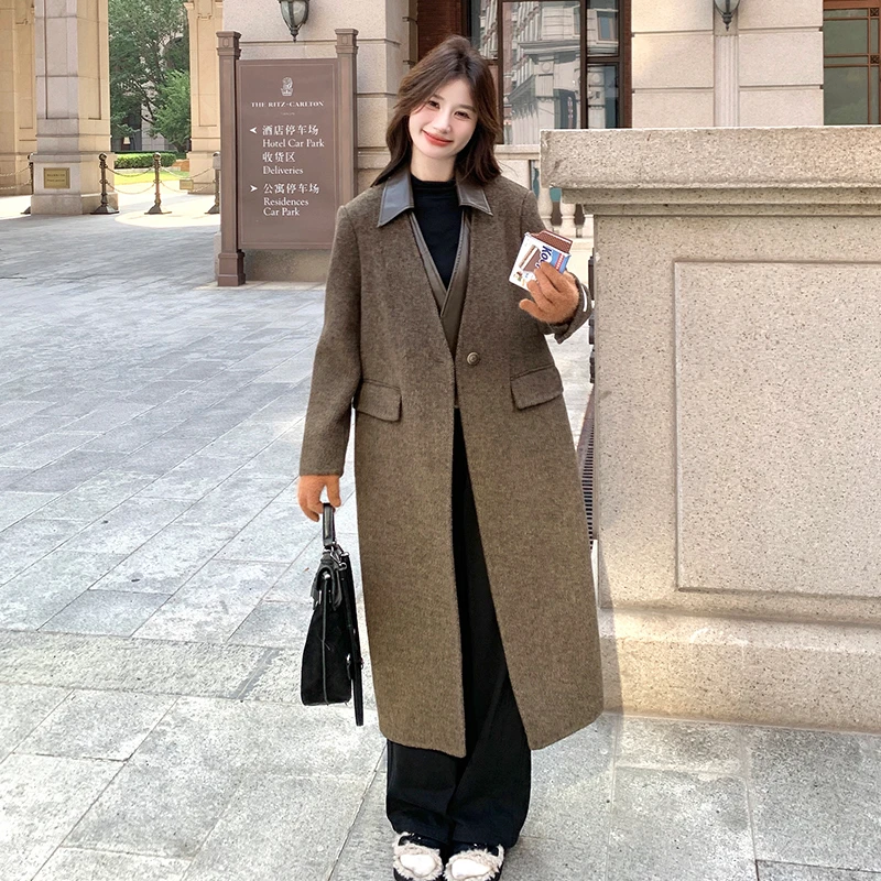 设计感pu皮拼接双面羊绒大衣女款冬季2024新款复古气质休闲呢外套