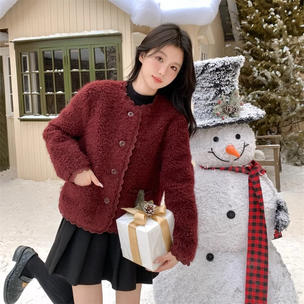 蕾丝拼接安可拉红仿羊羔毛绒外套秋冬2024新款皮毛一体棉衣韩系