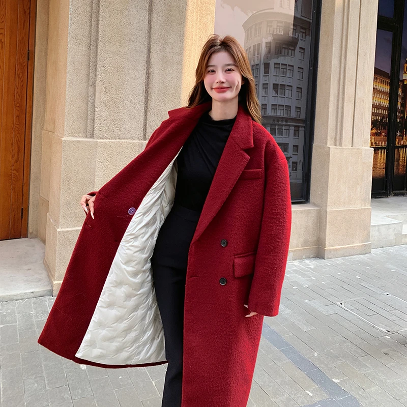 圣诞新年红色内胆羽绒服毛呢外套女秋冬高级感中长款西装呢子大衣