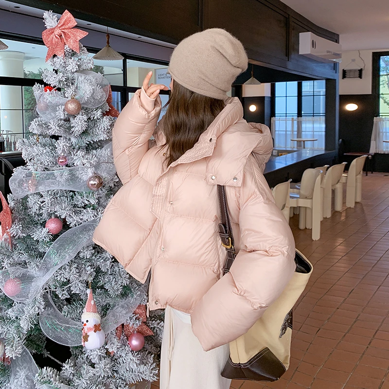 粉色鹅绒羽绒服女2024冬季新款今年流行小个子加厚短款面包服外套