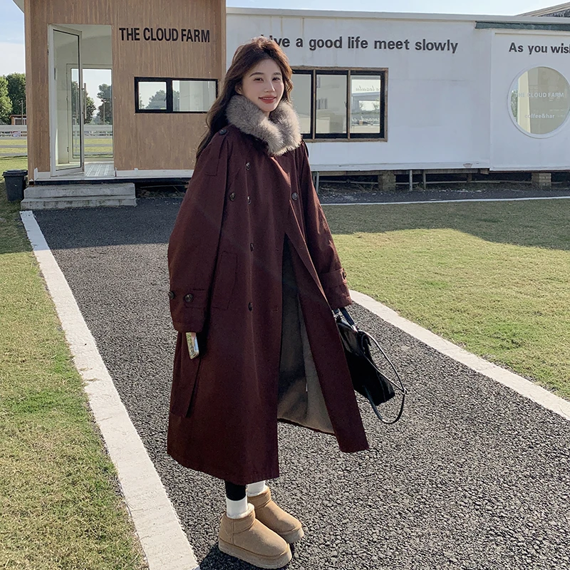 安可拉红中长款派克服女冬季2024新款工装棉服加绒加厚风衣式棉衣