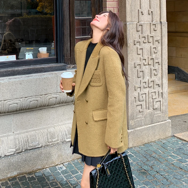 卡其色双面羊毛大衣女2024新款秋冬小个子高级感加厚毛呢西装外套