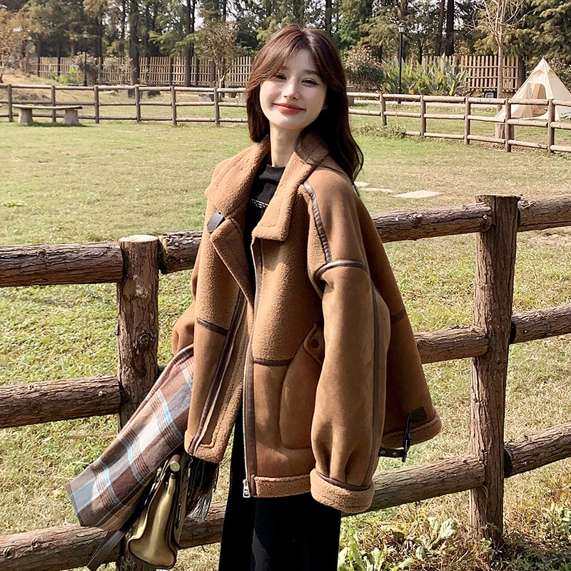 美拉德皮毛一体羊羔毛外套女2023冬韩版加绒外套短款鹿皮绒机车服