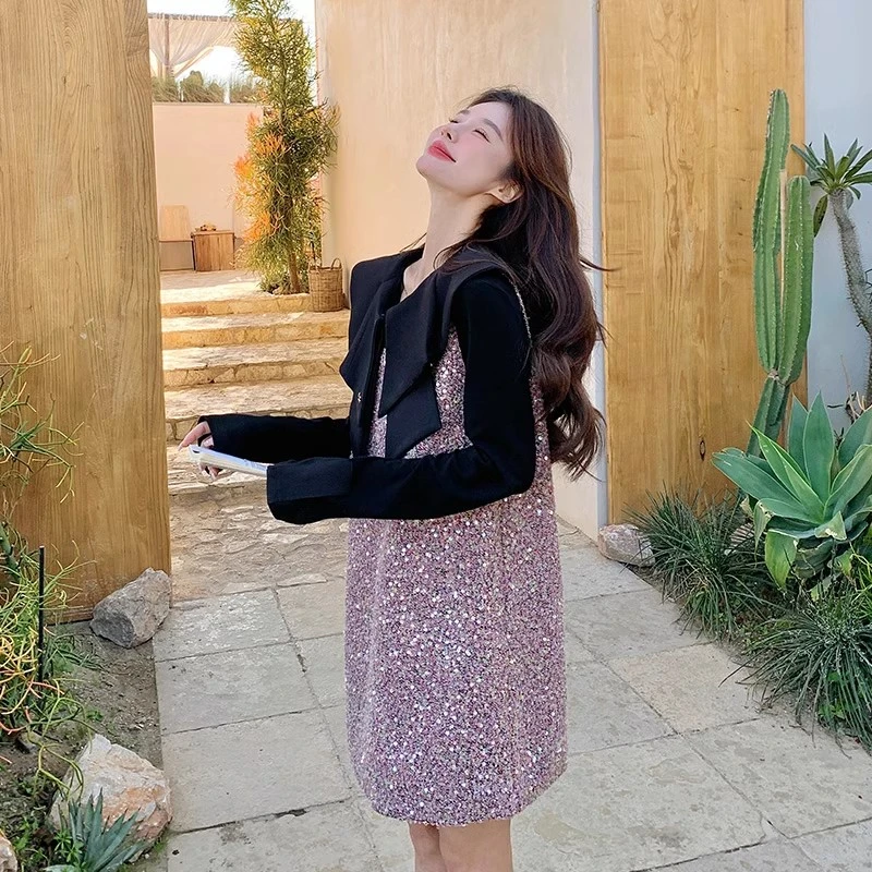 小个子连衣裙套装女春装2024新款娃娃领上衣布灵布灵背心裙两件套