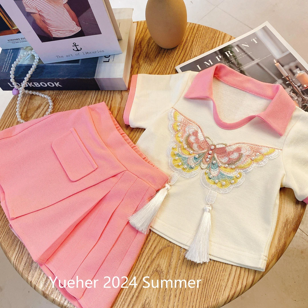 女童夏季新中式2024新款刺绣短袖polo领百褶裙粉嫩甜美短裙两件套
