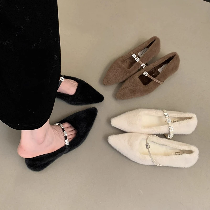 尖头绒面毛毛鞋女秋冬外穿2023新款法式晚晚仙女风平底单鞋女加绒