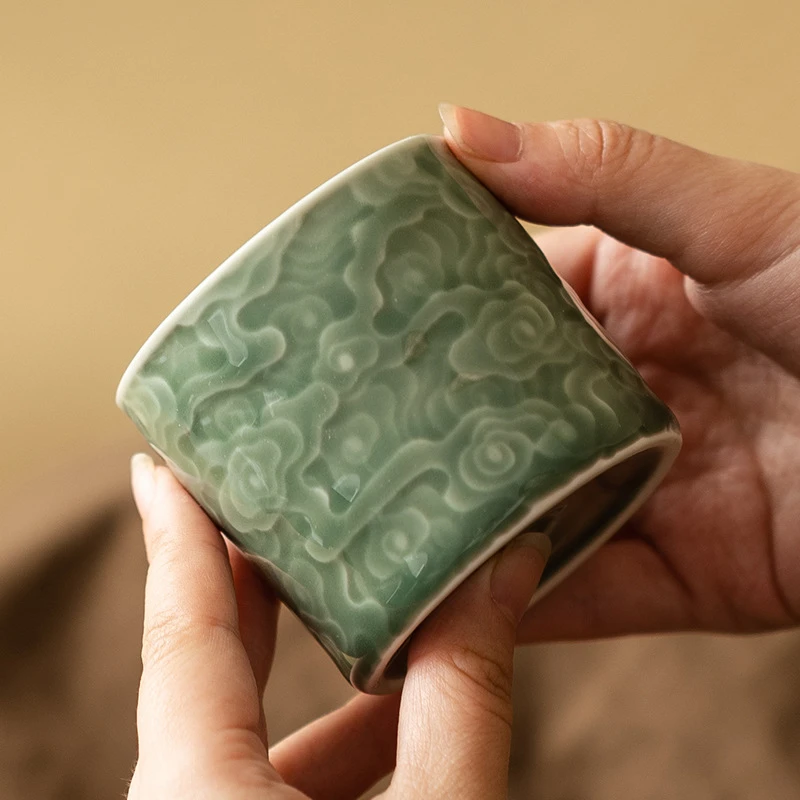 青瓷祥云扳指杯陶瓷浮雕主人杯新中式茶杯单杯小杯子福利品特价