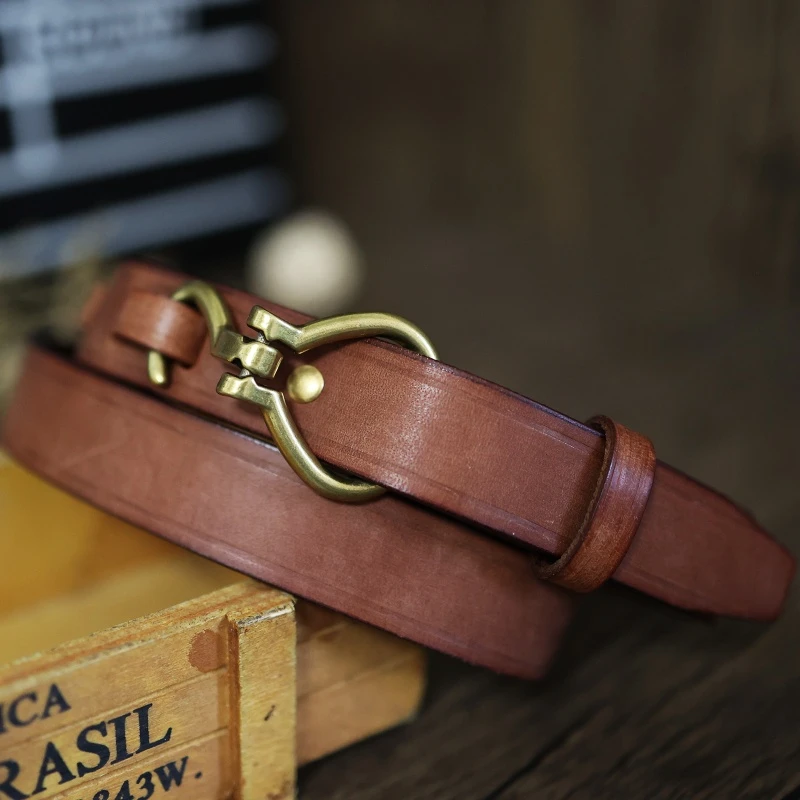 潮流美式复古色勾扣手工真牛皮带牛仔简约女士个性小众软潮搭腰带