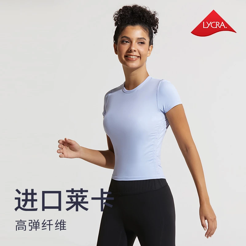cosleaf/科里芙夏季紧身透气健身运动高弹侧腰褶皱圆领短袖上衣