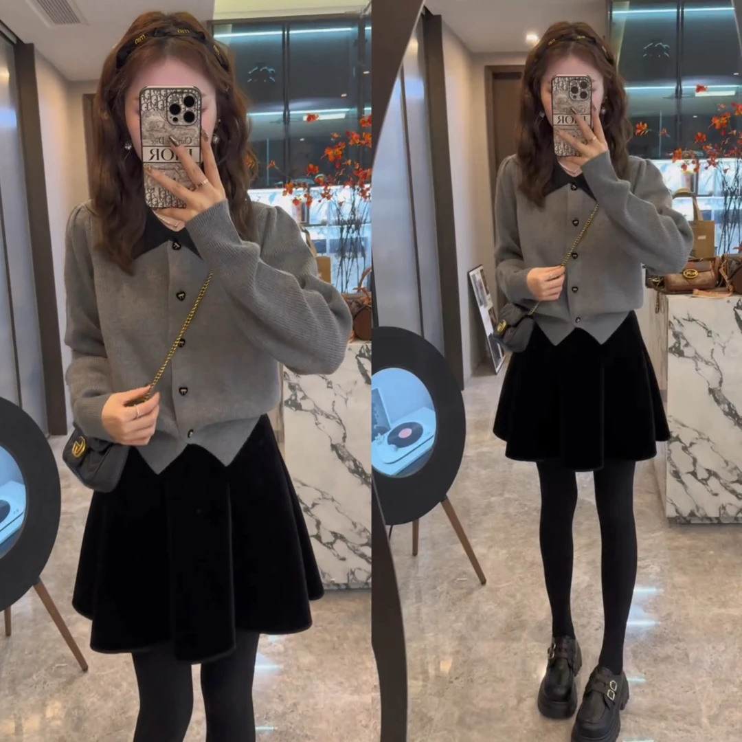 韩版气质小香风针织毛衣开衫+高腰短裙百搭轻奢丝绒半身裙