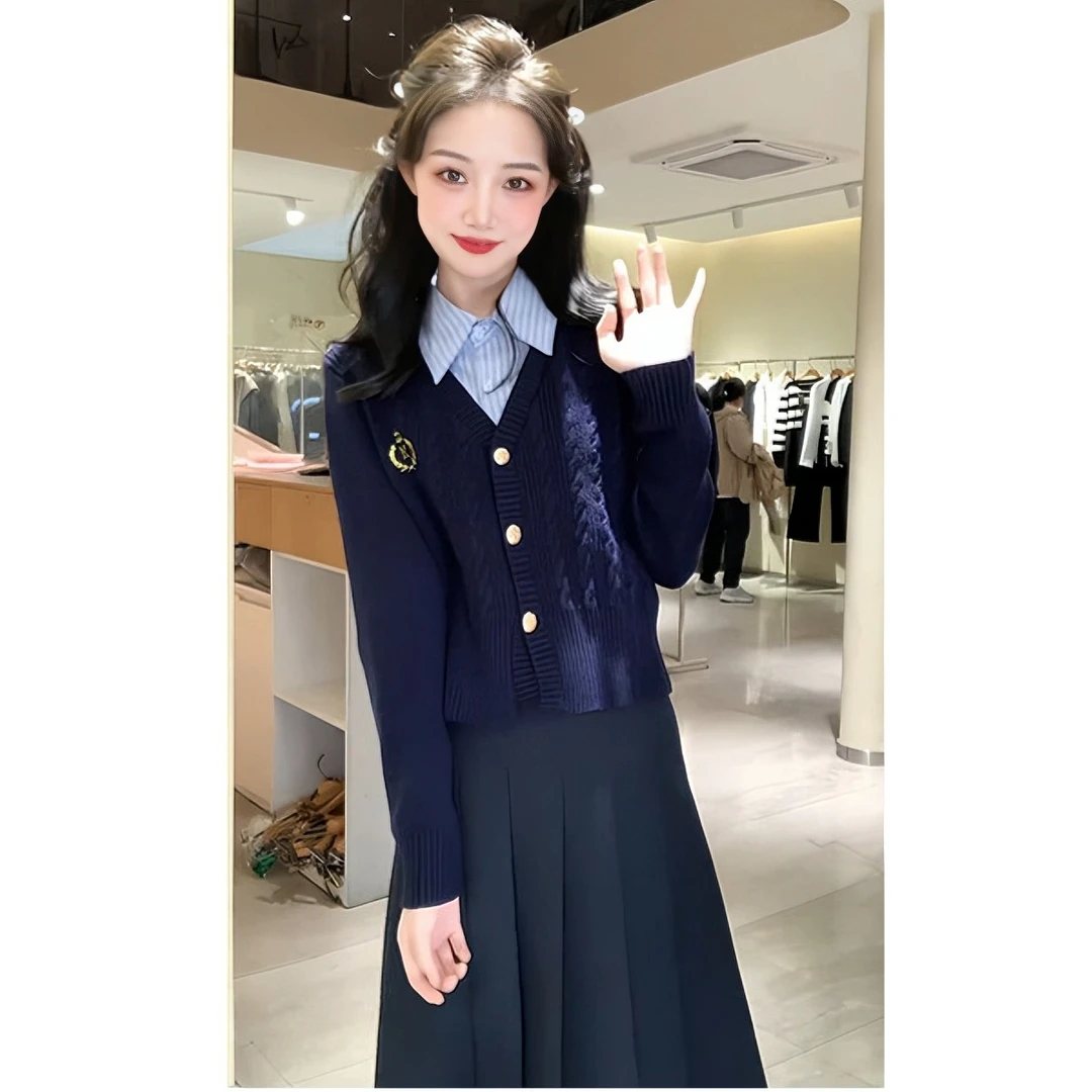 秋冬新款百搭时尚假两件针织毛衣+气质显瘦百褶半身裙套装女