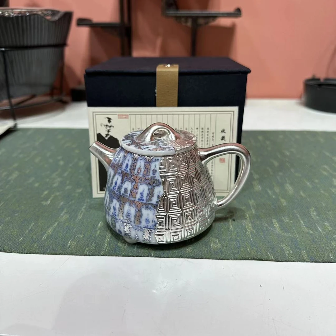慢城臻品堂 何赋森瓷包银999银禅意梨形鎏银壶功夫茶具  2158