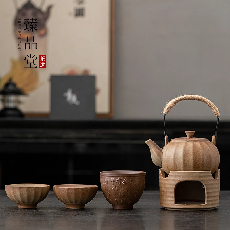 慢城臻品堂 粗陶小型提梁壶茶壶加三个茶杯家用功夫茶具套组 4804
