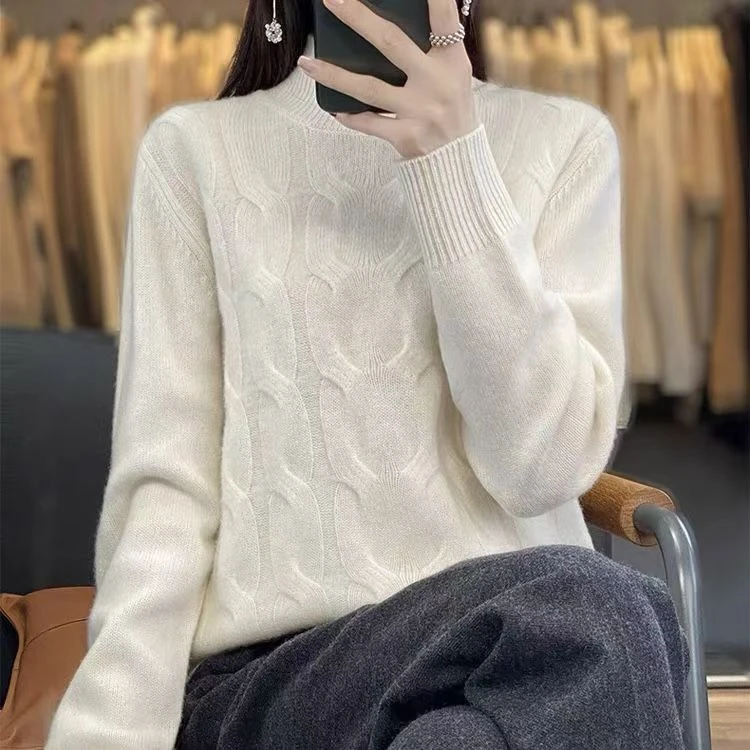 鄂尔多斯市100%纯羊毛衫女士毛衣针织羊绒打底衫网红百搭宽松加厚