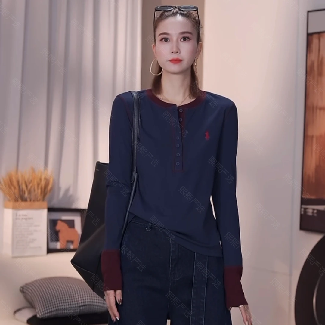 XX.YX（罗马日记）秋冬高品质拼接色系亨利半扣显瘦打底T恤3627